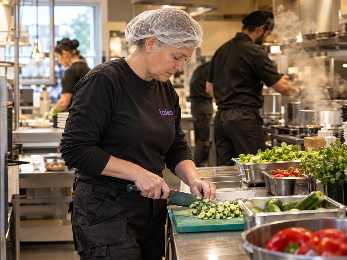 Köksbiträde från Talea hackar grönsaker i ett restaurangkök