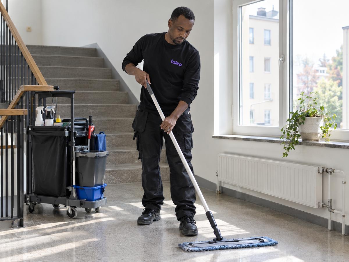 Lokalvårdare från Talea moppar golvet i en trappuppgång