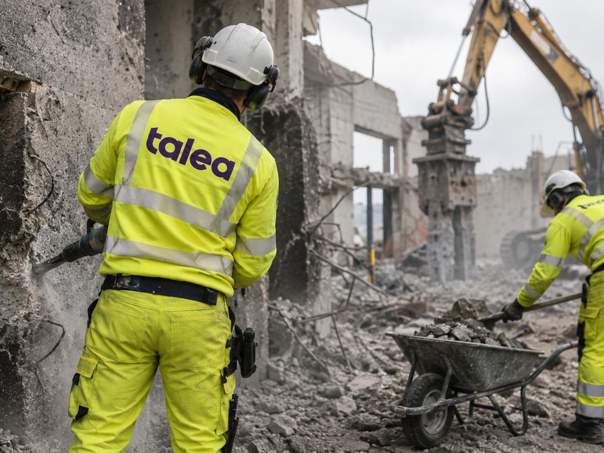 Talea-rivare bilar betong medan en grävmaskin river i bakgrunden