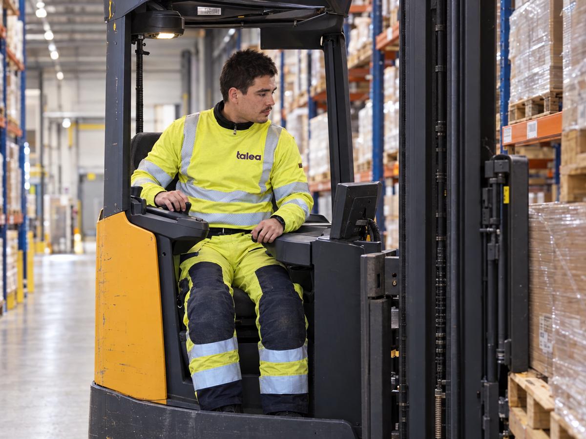 Truckförare från Talea kör skjutstativtruck mellan pallställen