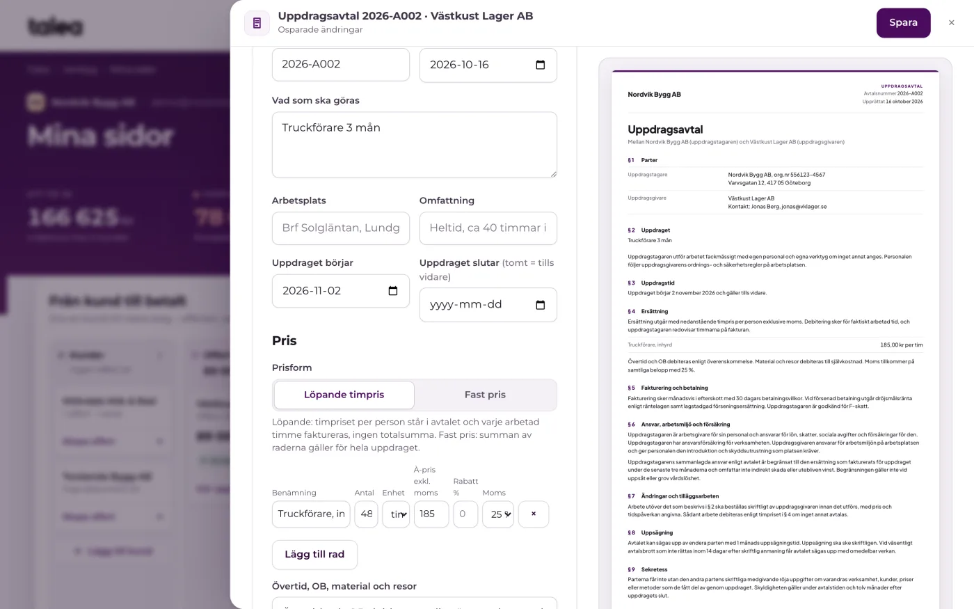 Ett uppdragsavtal i panelen ovanpå Mina sidor, ifyllt med kund, rader och pris från den accepterade offerten