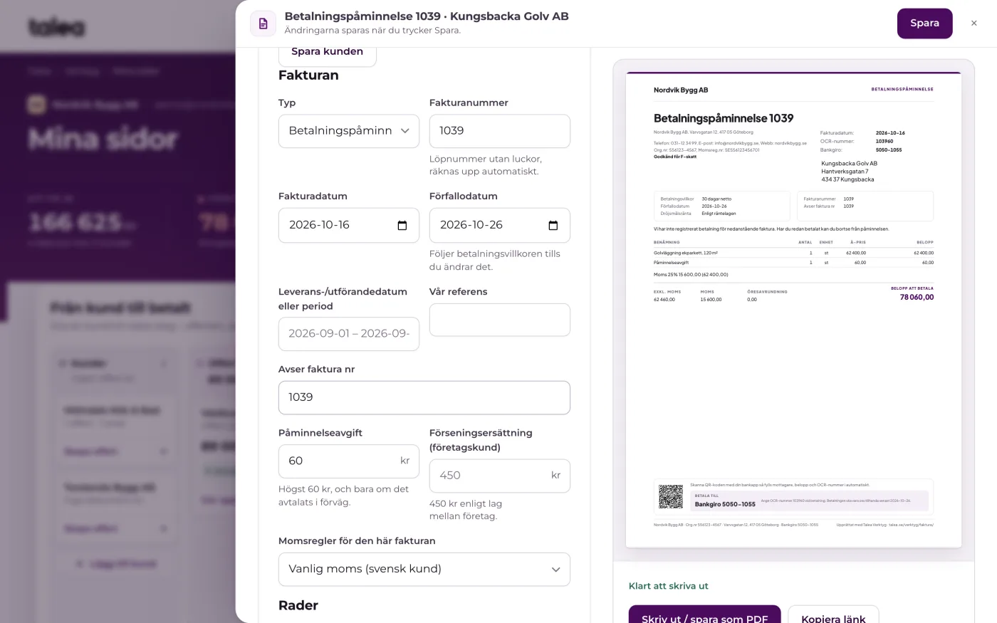 Betalningspåminnelse för faktura 1039 i fakturamallen: fakturans rad, påminnelseavgift 60 kronor och nytt förfallodatum, öppen i panelen på Mina sidor