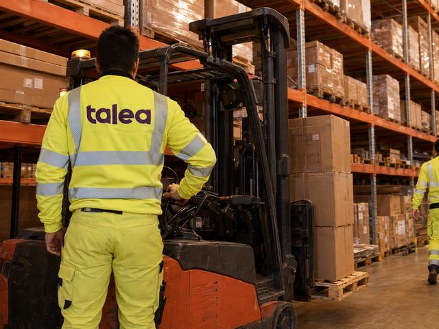 Talea-medarbetare i varselkläder vid en truck i ett höglager