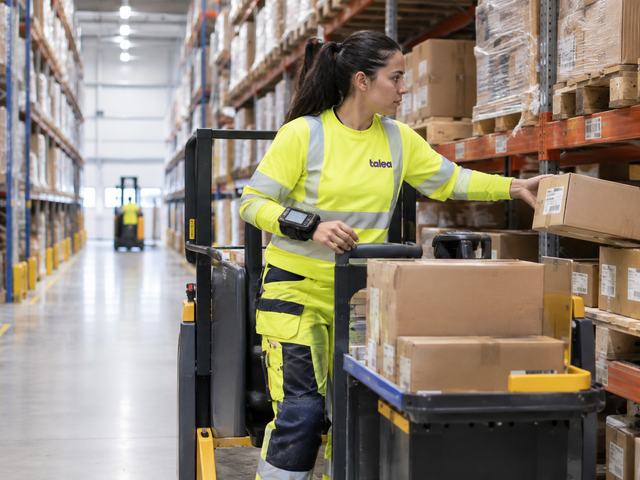 Orderplockare från Talea plockar kartonger till en plocktruck