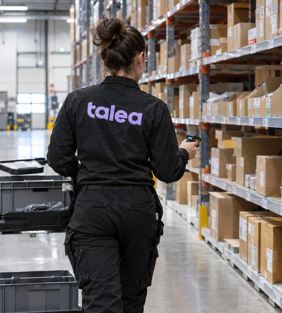 Orderplockare från Talea i svarta arbetskläder plockar varor ur en pallställning
