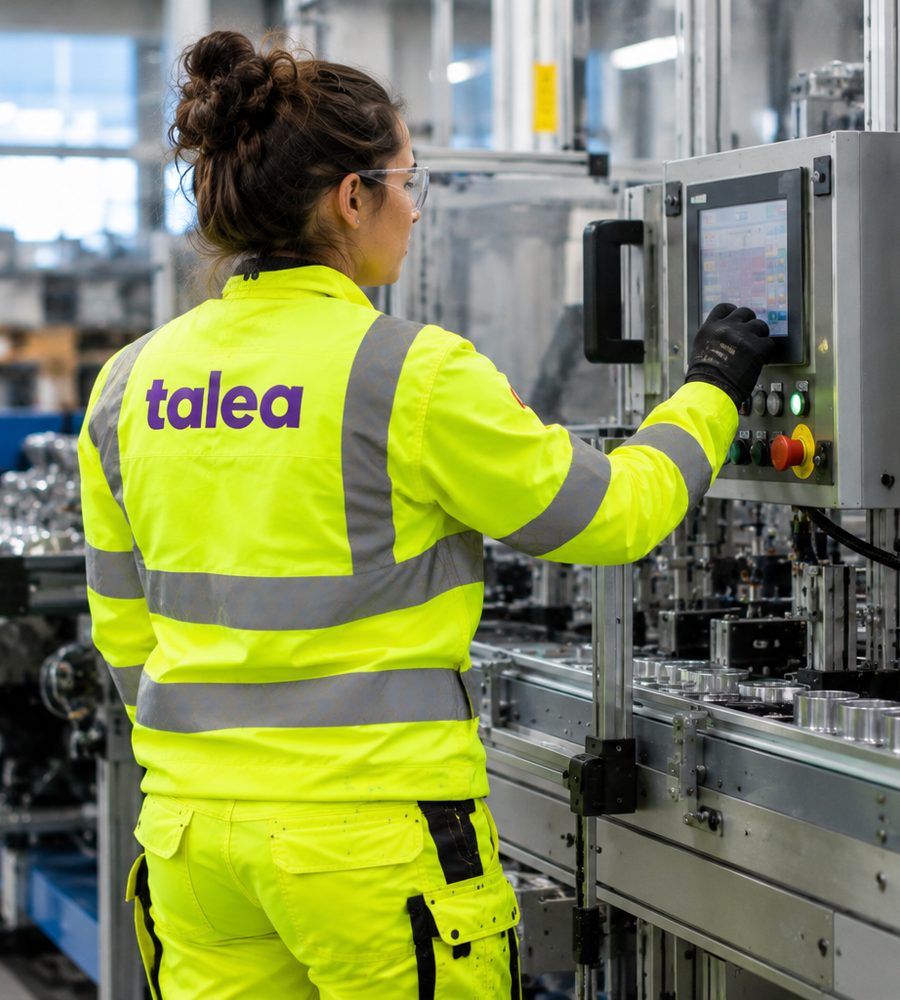 Produktionstekniker från Talea i varselkläder kör en maskin i en fabrikshall