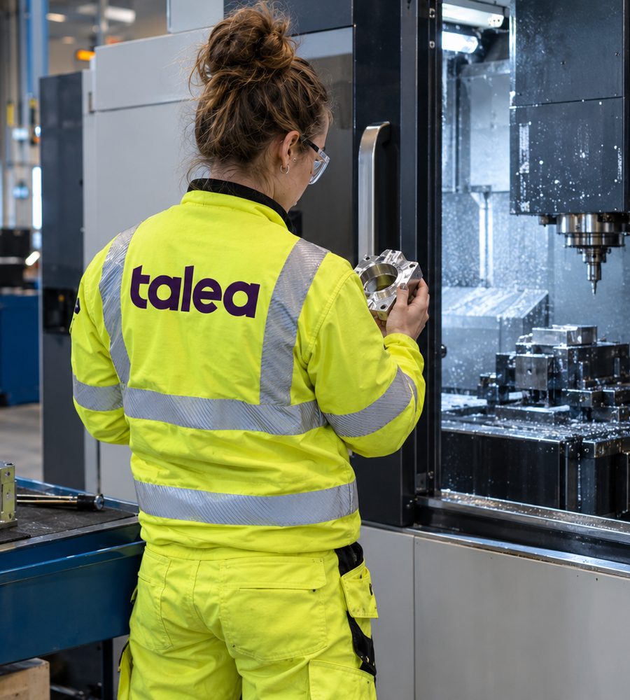 CNC-operatör från Talea i varselkläder vid en bearbetningsmaskin i en verkstad