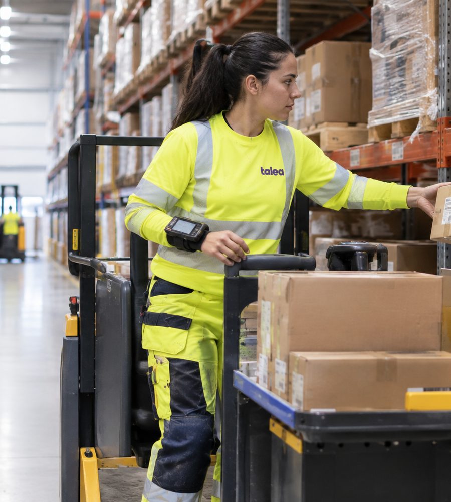 Orderplockare från Talea plockar kartonger ur en pallställning på ett lager