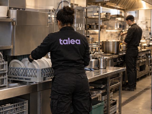 Köksbiträden från Talea i svarta arbetskläder vid diskstationen i ett storkök