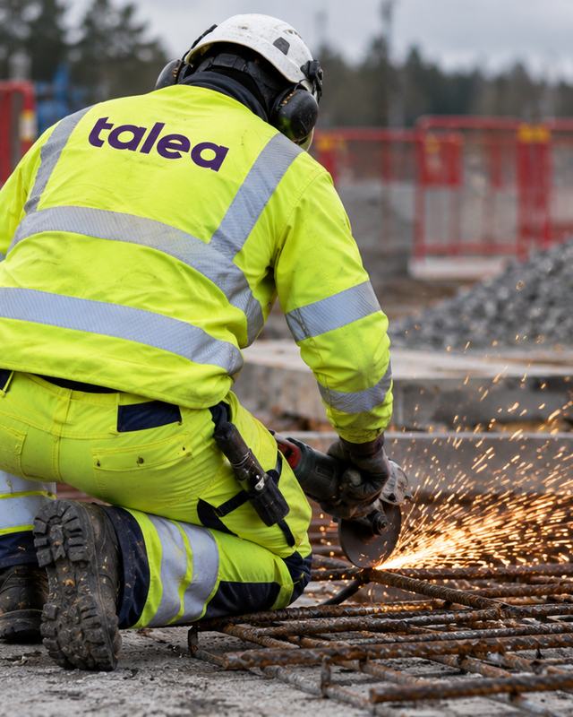 Byggarbetare från Talea i varselkläder kapar armering på en byggarbetsplats