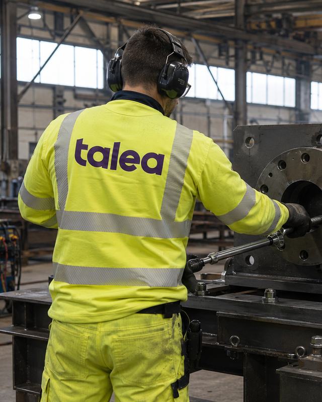 Montör från Talea i varselkläder arbetar vid en maskin i en verkstadshall