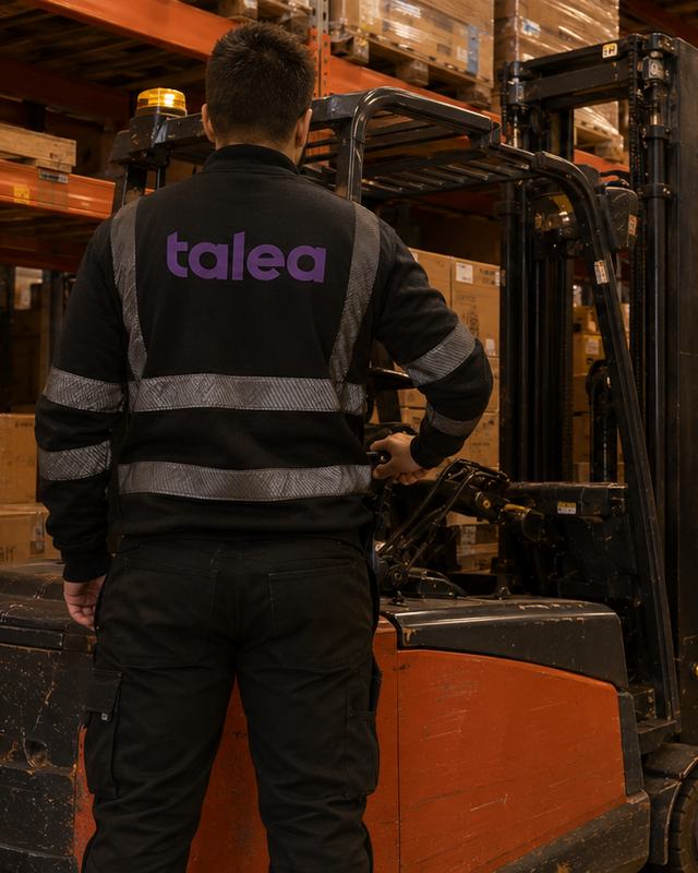 Lagerpersonal från Talea i svarta arbetskläder vid en truck i ett höglager