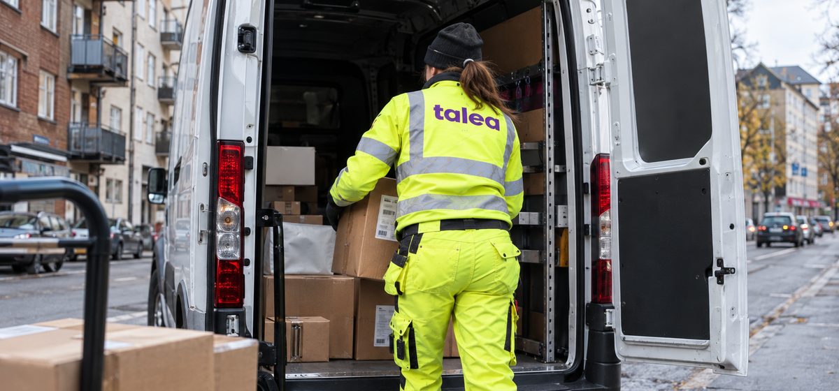 Budförare från Talea lastar paket i en skåpbil på en stadsgata