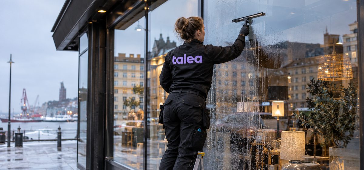 Fönsterputsare från Talea i svarta arbetskläder tvättar skyltfönster med skrapa i Göteborg