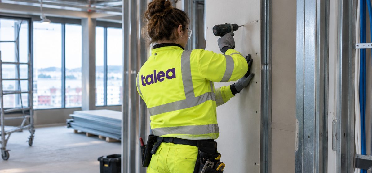 Gipsare från Talea skruvar gipsskivor på en stålreglad vägg