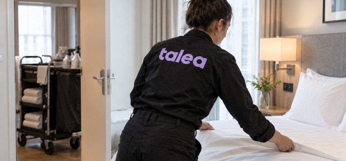 Hotellstädare från Talea i svarta arbetskläder bäddar en säng på ett hotellrum