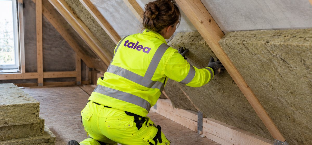 Isolerare från Talea lägger mineralull mellan takstolarna på en vind