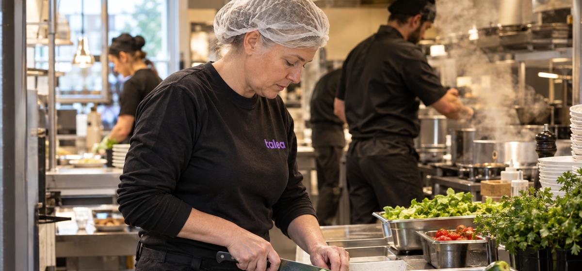 Köksbiträde från Talea hackar grönsaker i ett restaurangkök