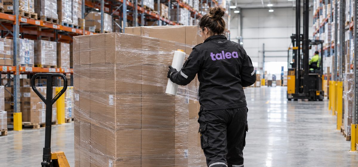 Lagerarbetare från Talea plastar en pall med sträckfilm i ett distributionslager