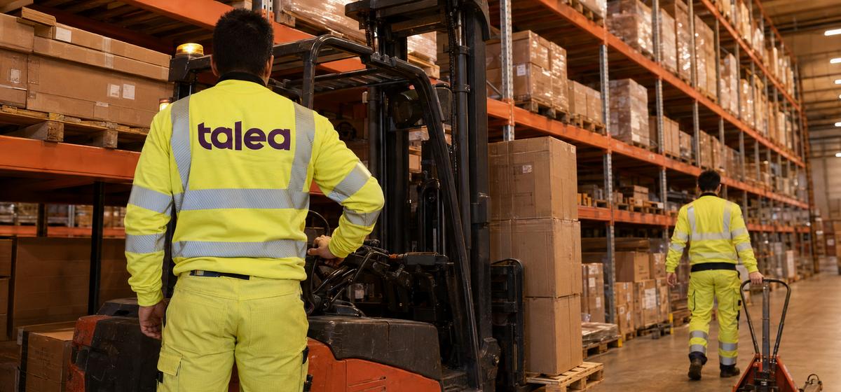 Talea-medarbetare i varselkläder vid en truck i ett höglager