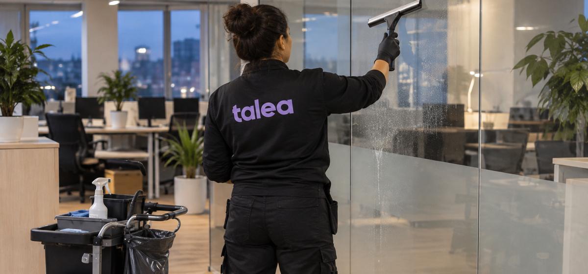 Talea-lokalvårdare putsar en glasvägg på ett kontor