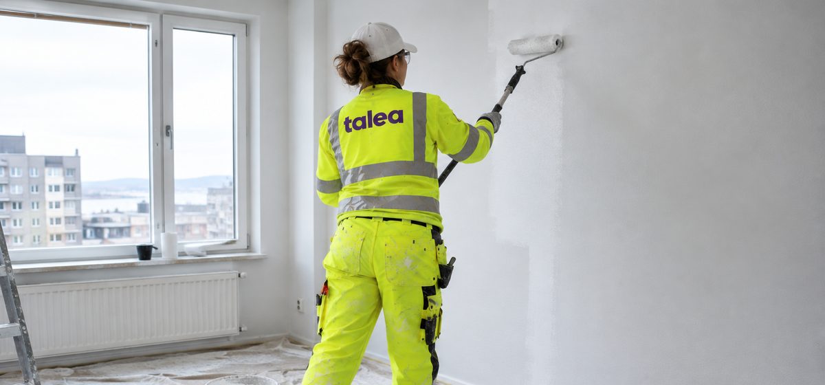 Målare från Talea rollar vit färg på en vägg i en nybyggd lägenhet