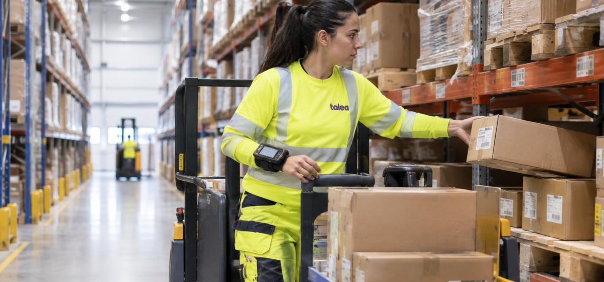 Orderplockare från Talea plockar kartonger till en plocktruck