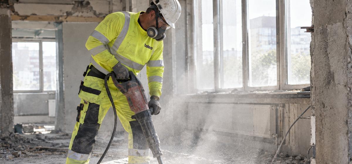 Talea-rivare med andningsskydd bilar upp ett betonggolv