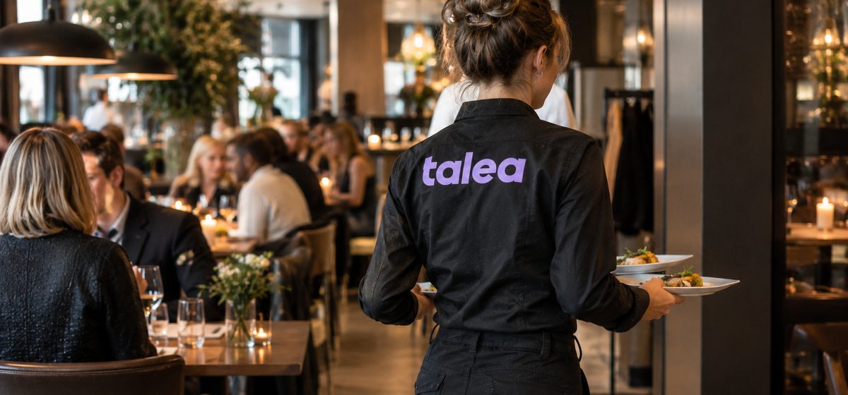 Serveringspersonal från Talea bär ut tallrikar i en fullsatt restaurang
