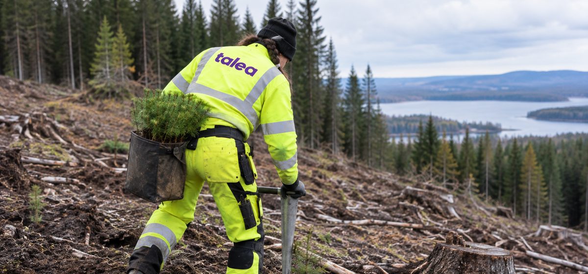Skogsplanterare från Talea sätter tallplantor med planteringsrör på ett hygge