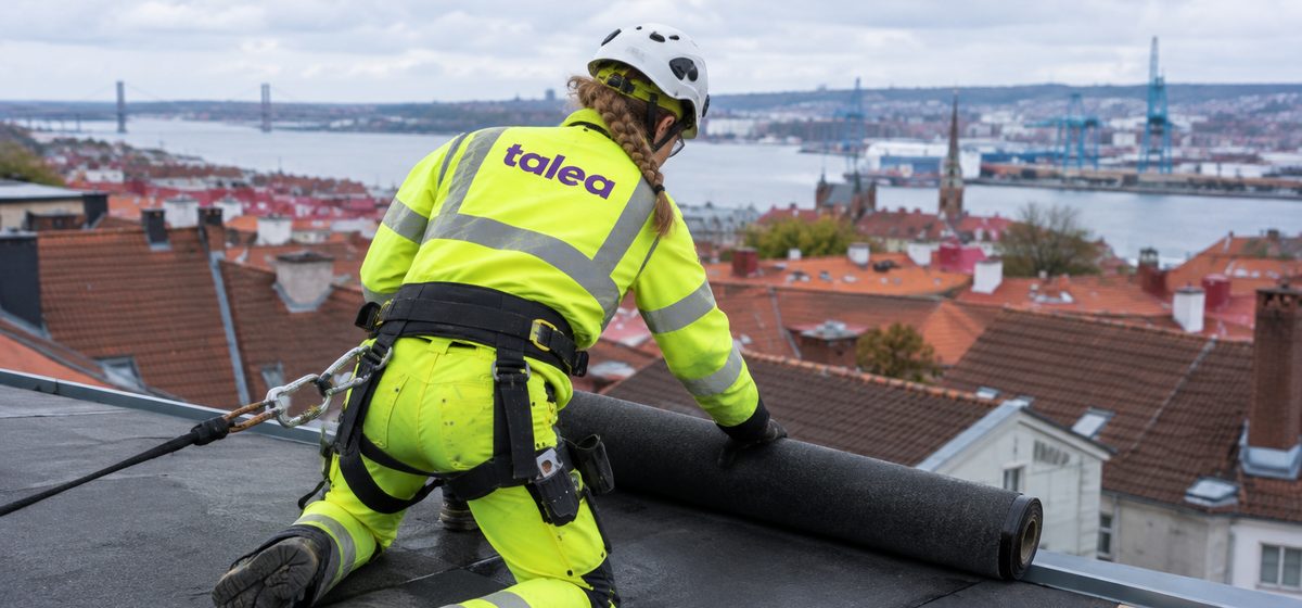 Takläggare från Talea med fallskyddssele lägger takpapp med Göteborgs hustak i bakgrunden
