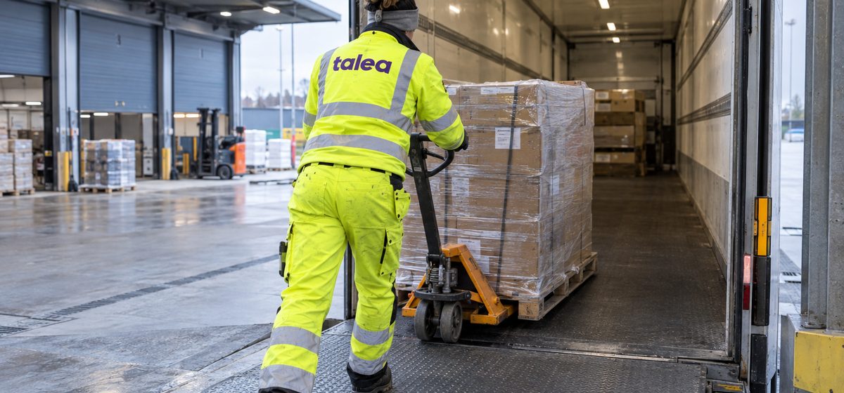 Terminalarbetare från Talea drar en pall in i en lastbil vid lastkajen