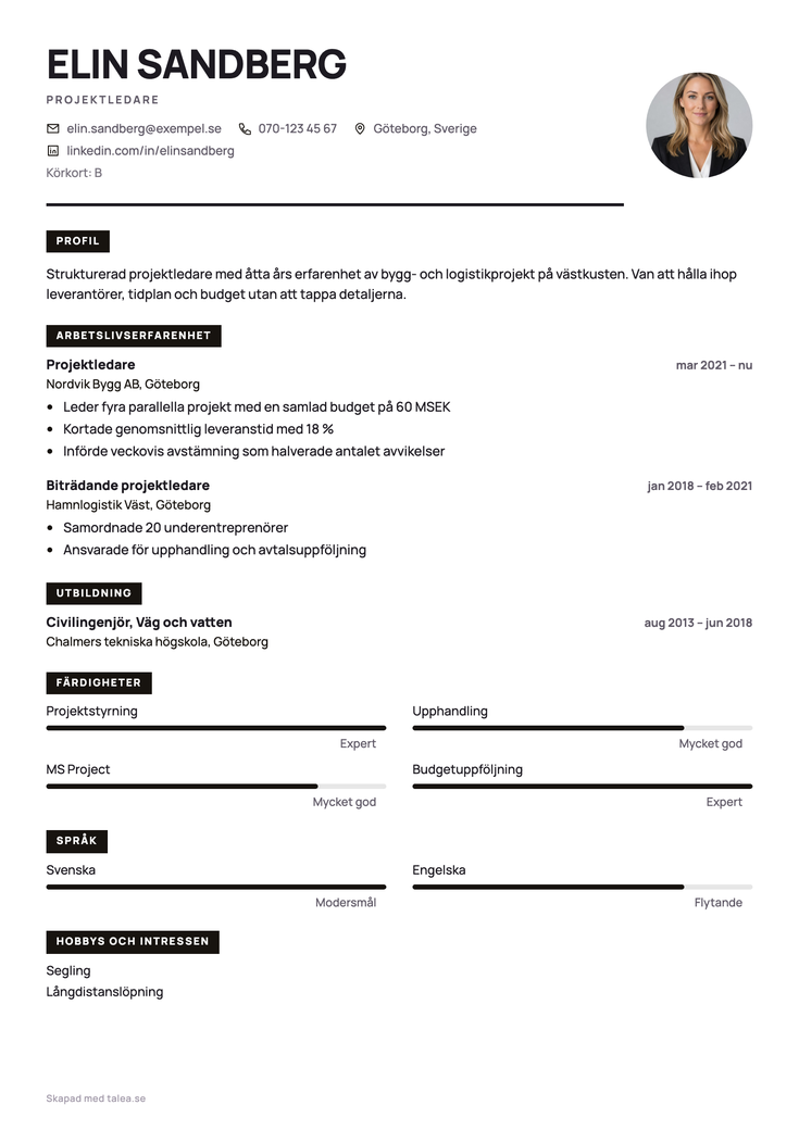 CV i mallen Signatur — arbetsgivare, roll och period tydligt angivna