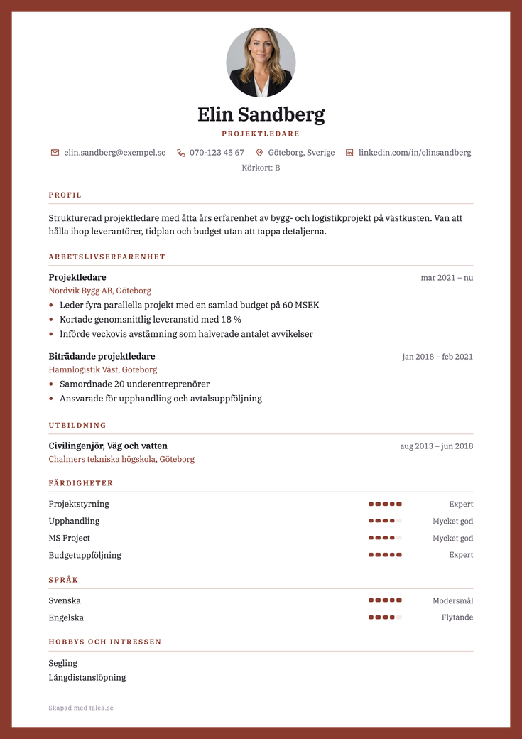CV i mallen Bard — anställningstid tydligt angiven per arbetsgivare