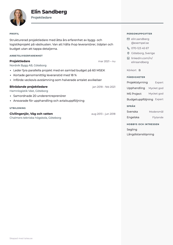 CV i mallen Kompakt — certifikat och behörigheter i egen sektion med årtal