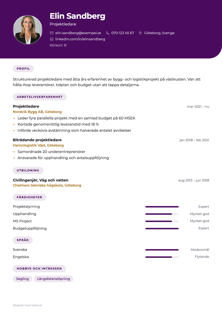 CV i mallen Moderna — profil och överförbara färdigheter överst