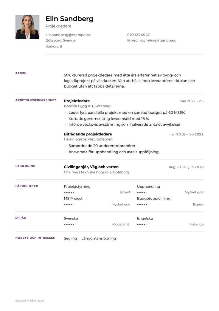 CV exporterat som PDF med markerbar text — mallen Kontor