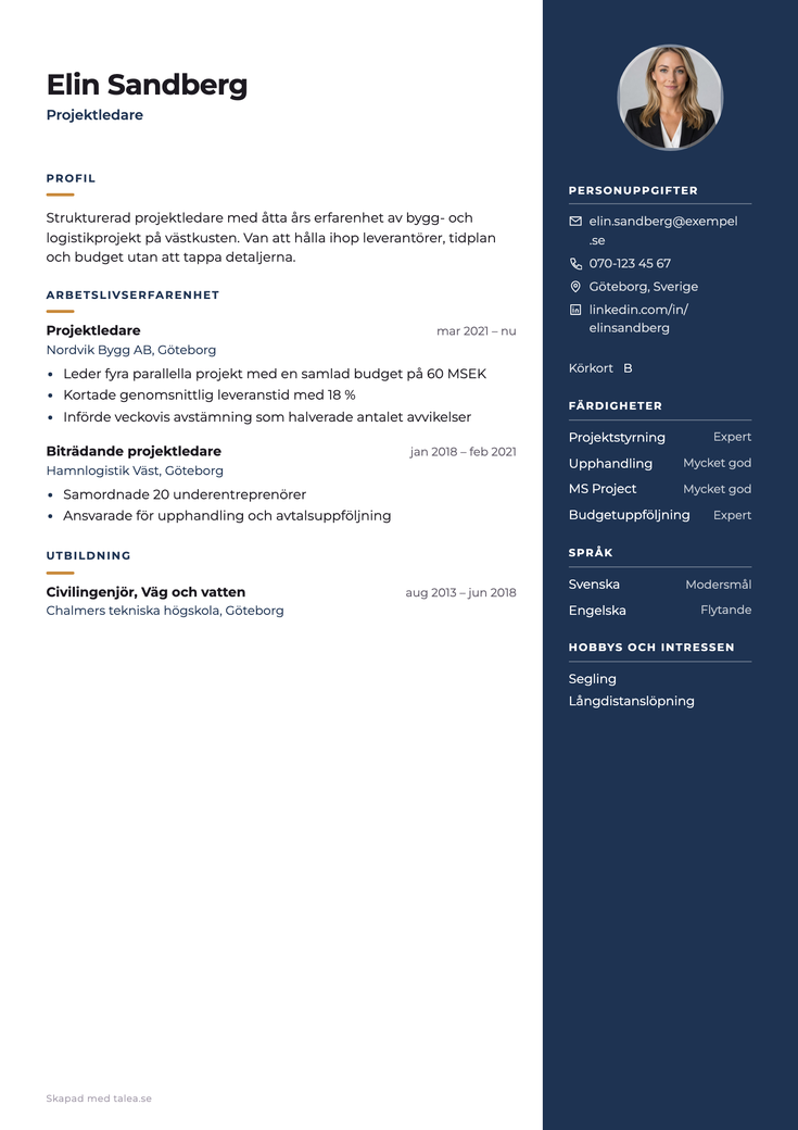 CV i mallen Gavel — perioder och ledighet redovisade i tidslinjen
