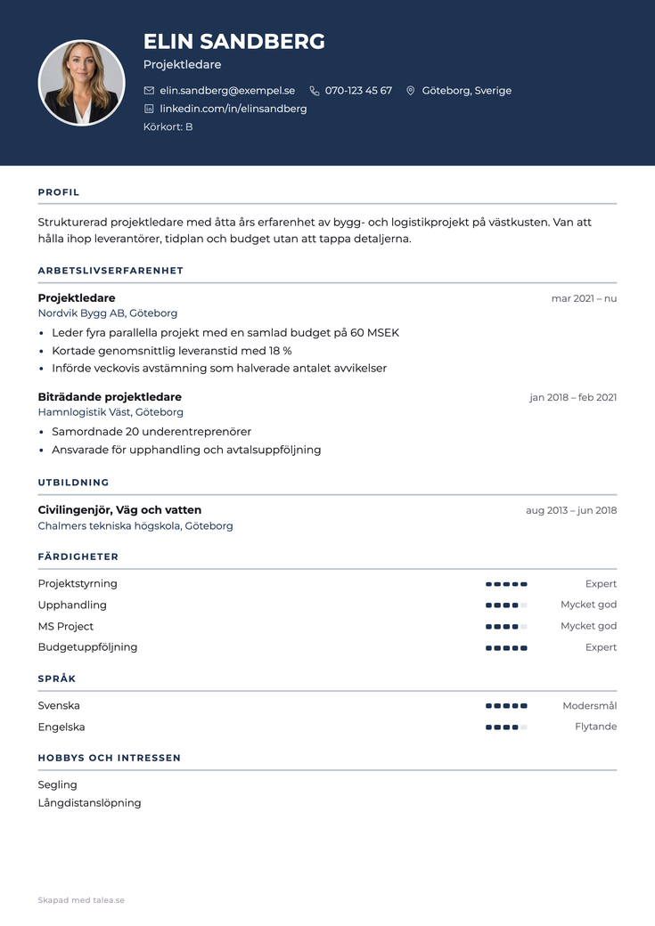 CV i mallen Band — ID06 och byggbehörigheter i egen sektion