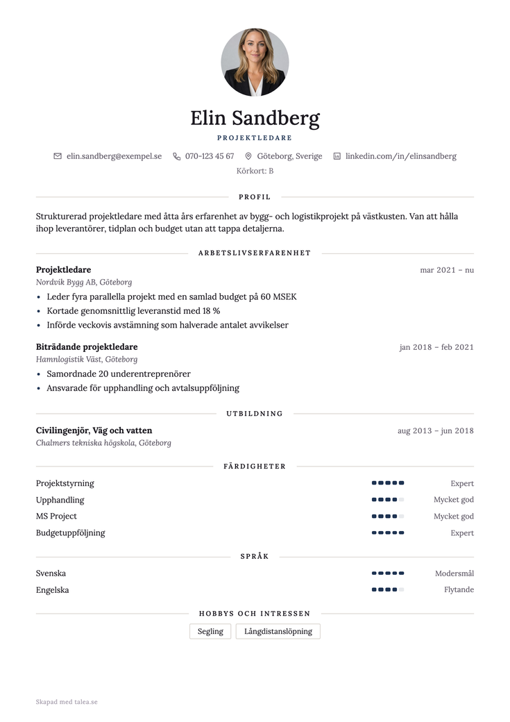 CV som speglar en LinkedIn-profil — mallen Sigill