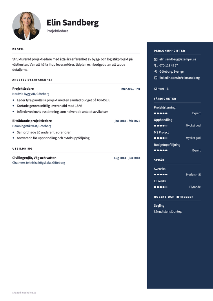 CV i mallen Utsikt — anställningsformerna syns tydligt i arbetslivserfarenheten