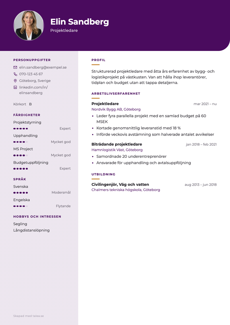 CV i mallen Kolumn — anställningsperioder och sektioner tydligt åtskilda