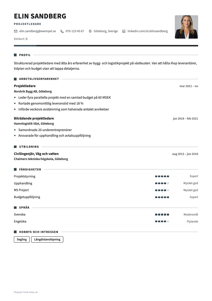 CV i mallen Verkstad — behörigheter och truckkort i egen sektion högt upp