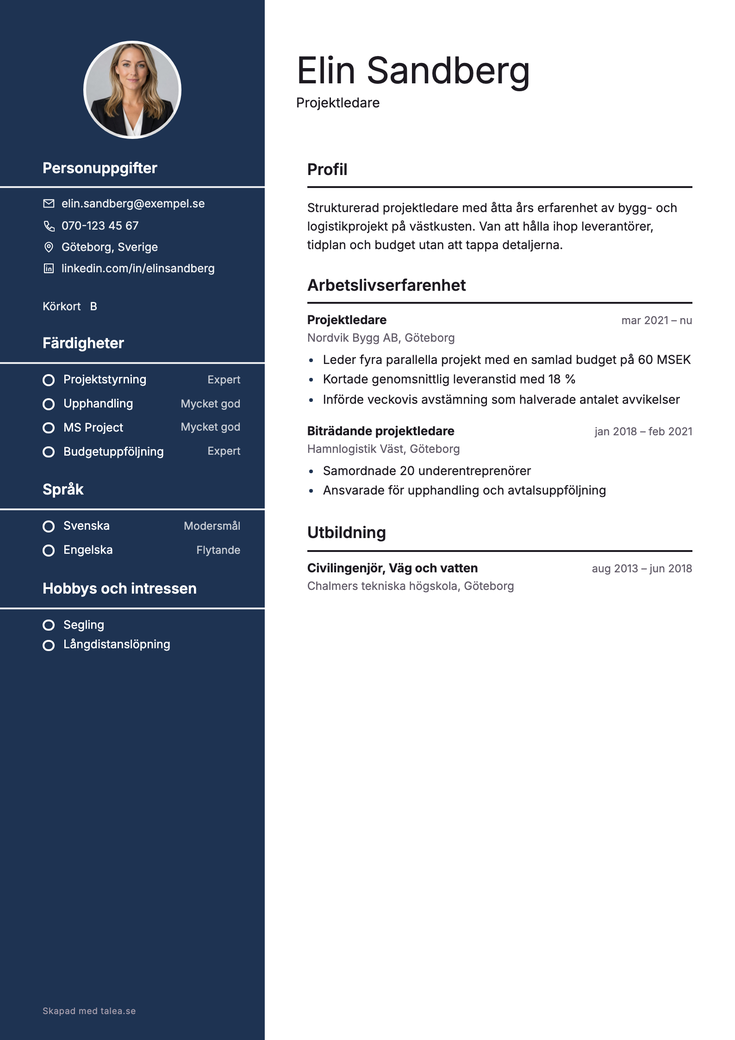 CV i mallen Stav — anställningsperioder med månad och år