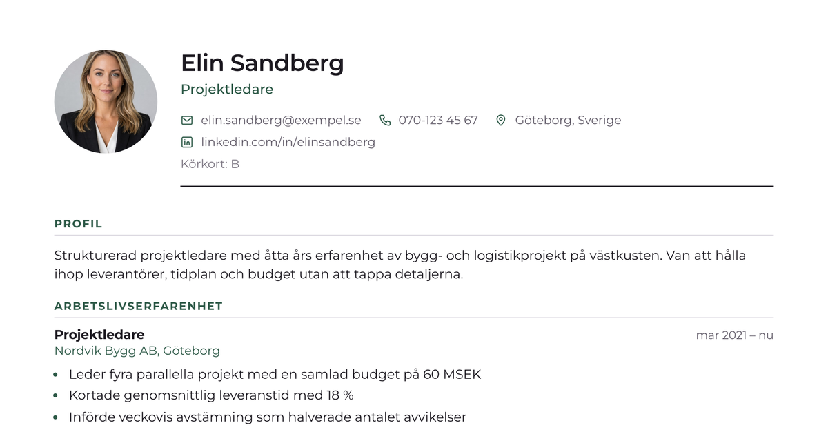 Gratis CV-mall Akademisk – närbild på huvudet med foto, namn, yrkesroll och kontaktuppgifter