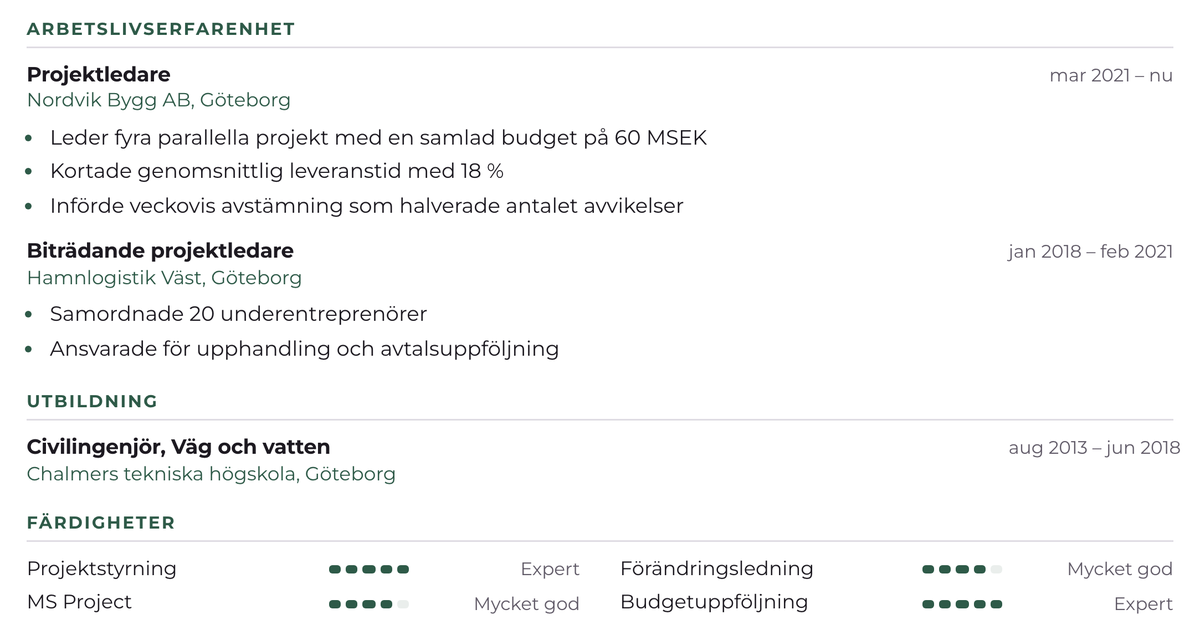 Gratis CV-mall Akademisk – närbild på arbetslivserfarenheten med datum, arbetsgivare och punktlistor