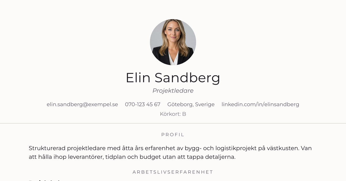 Gratis CV-mall Antikva – närbild på huvudet med foto, namn, yrkesroll och kontaktuppgifter