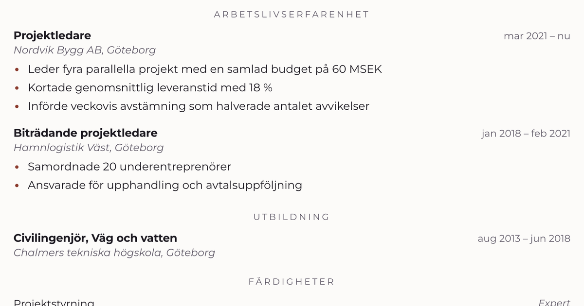 Gratis CV-mall Antikva – närbild på arbetslivserfarenheten med datum, arbetsgivare och punktlistor