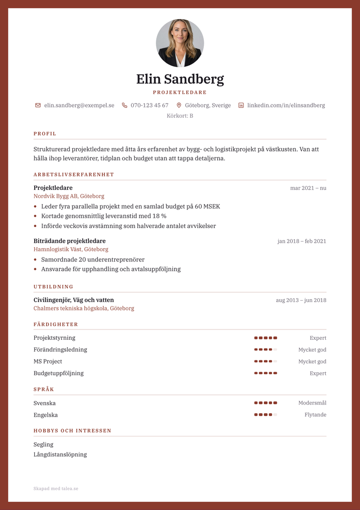 Gratis CV-mall Bård – hela A4-sidan