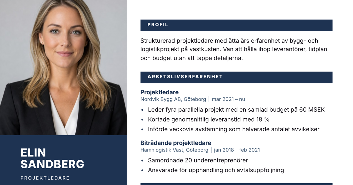 Gratis CV-mall Fasad – närbild på huvudet med foto, namn, yrkesroll och kontaktuppgifter